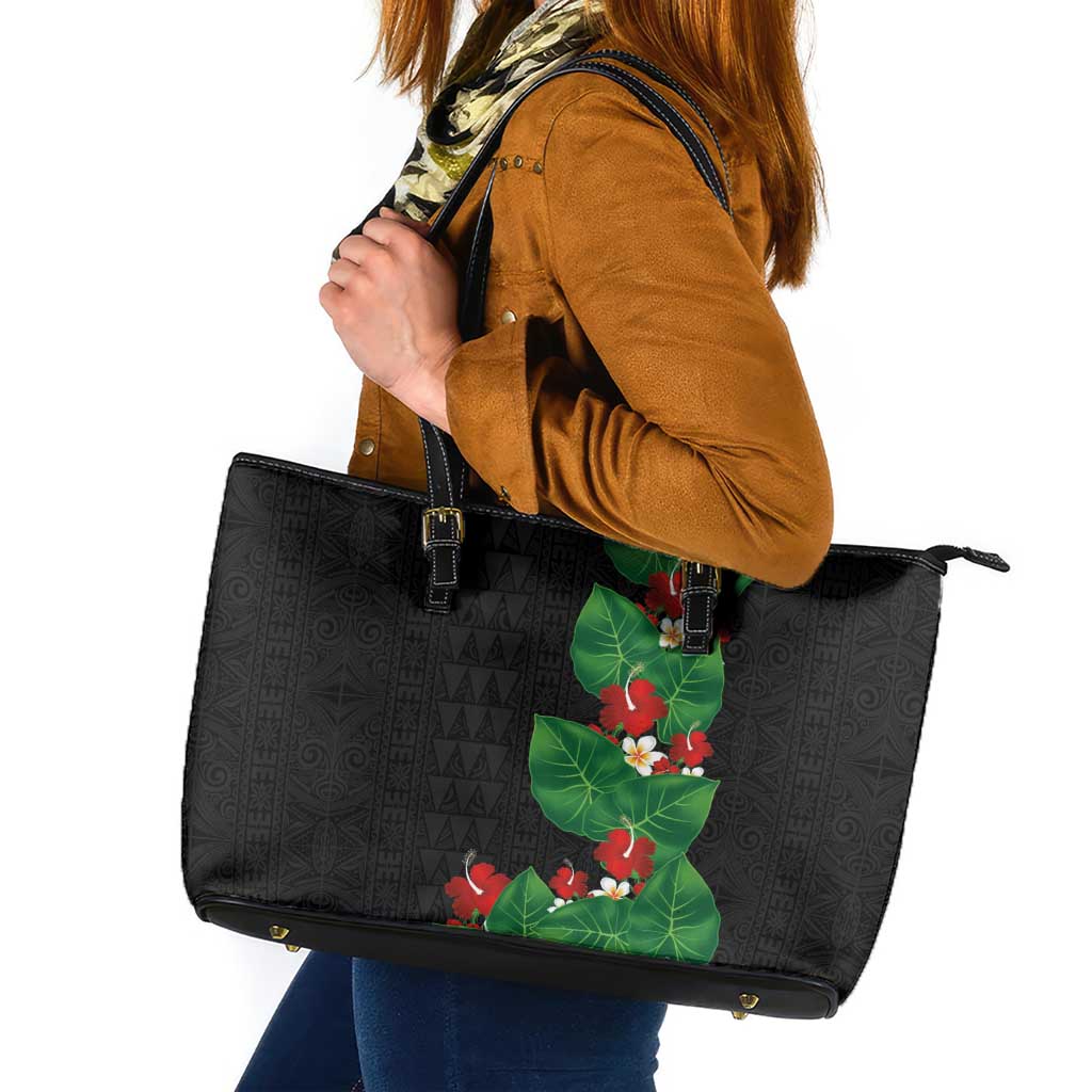Hawaiian Taro Leaves-Hibiscus and Plumeria Leather Tote Bag Polynesian Art-Kakau Tattoo Black LT03 Black - Polynesian Pride
