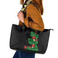 Hawaiian Taro Leaves-Hibiscus and Plumeria Leather Tote Bag Polynesian Art-Kakau Tattoo Black LT03 Black - Polynesian Pride