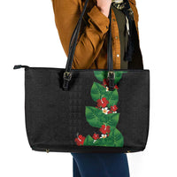 Hawaiian Taro Leaves-Hibiscus and Plumeria Leather Tote Bag Polynesian Art-Kakau Tattoo Black LT03 - Polynesian Pride