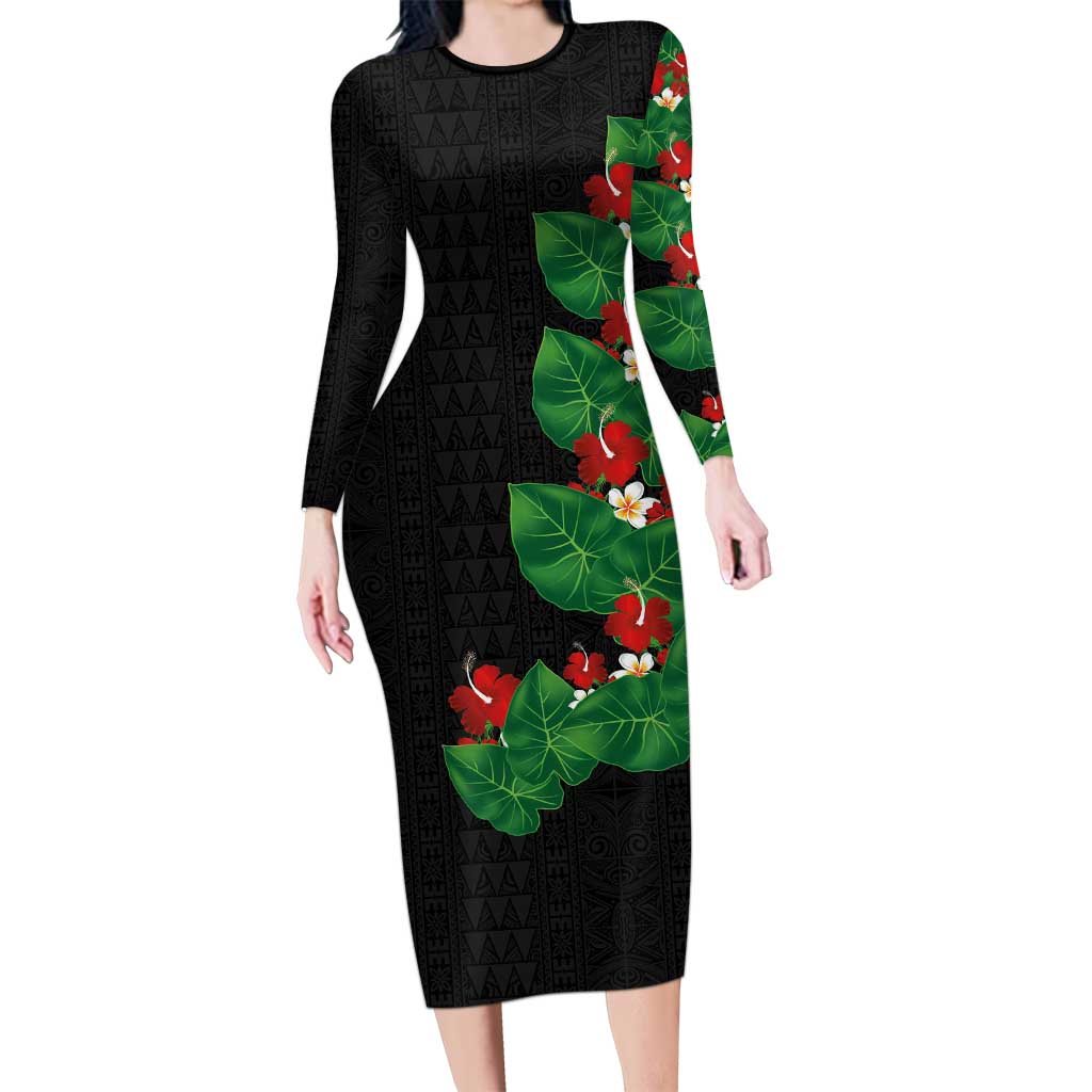 Hawaiian Taro Leaves-Hibiscus and Plumeria Long Sleeve Bodycon Dress Polynesian Art-Kakau Tattoo Black