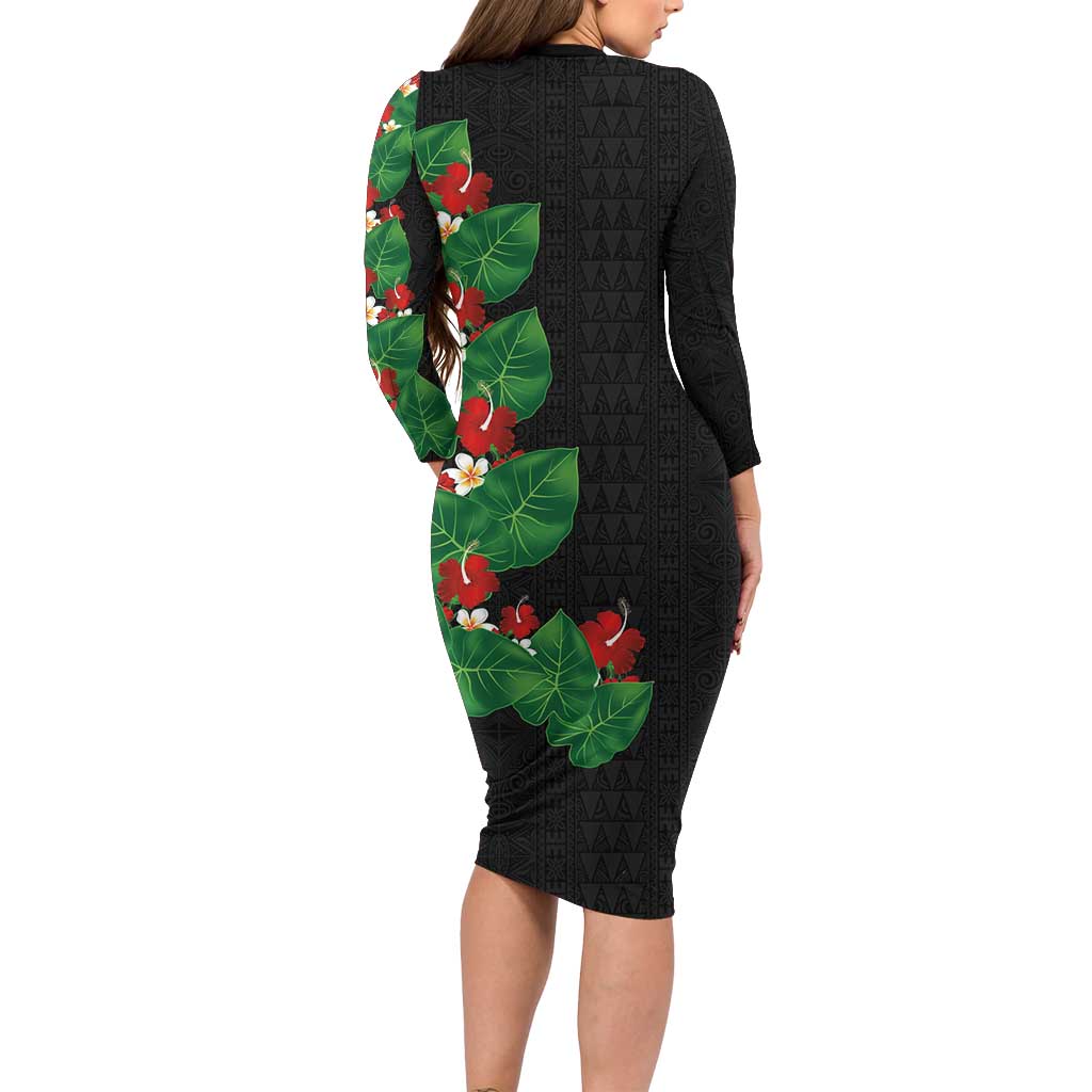Hawaiian Taro Leaves-Hibiscus and Plumeria Long Sleeve Bodycon Dress Polynesian Art-Kakau Tattoo Black LT03 - Polynesian Pride