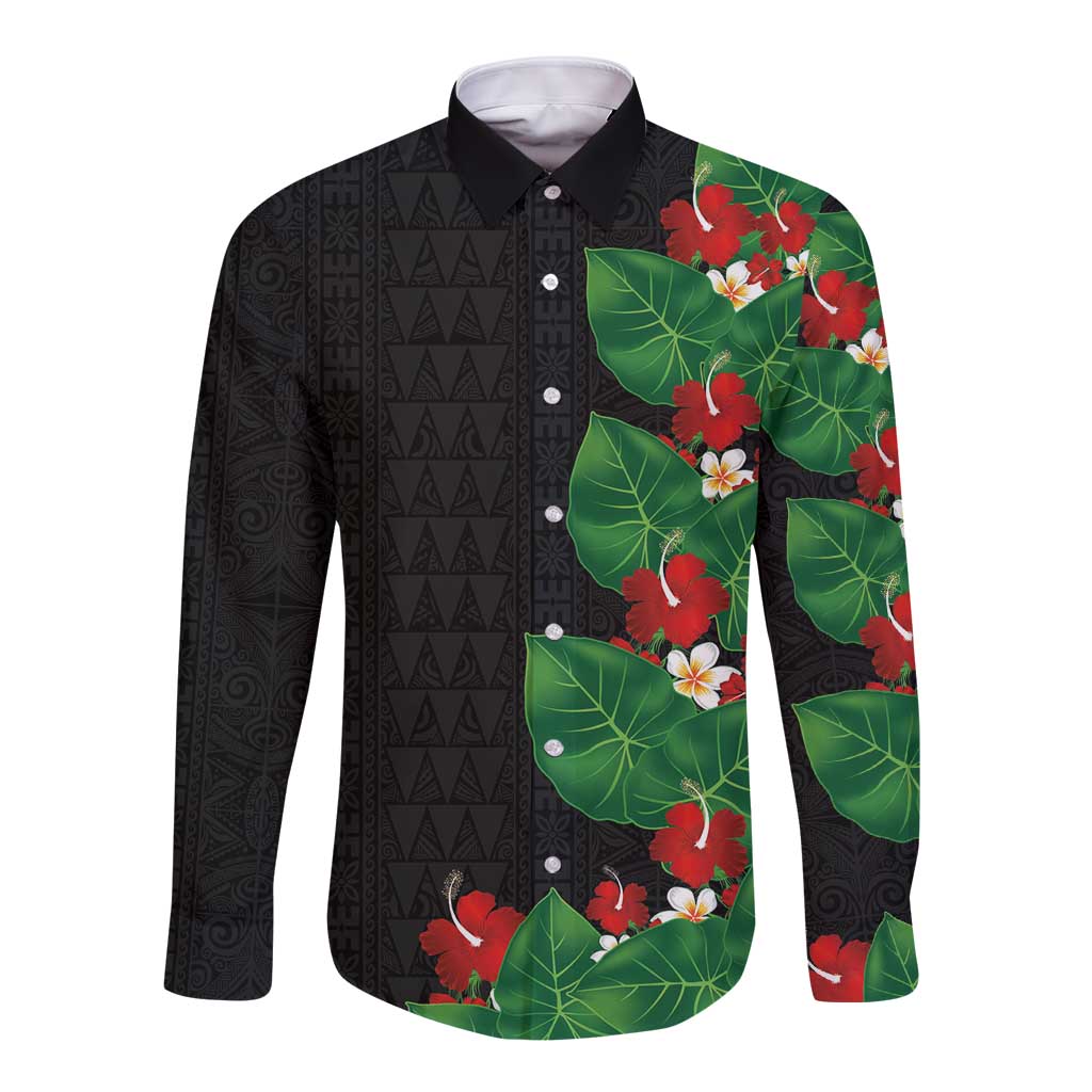 Hawaiian Taro Leaves-Hibiscus and Plumeria Long Sleeve Button Shirt Polynesian Art-Kakau Tattoo Black LT03 Unisex Black - Polynesian Pride