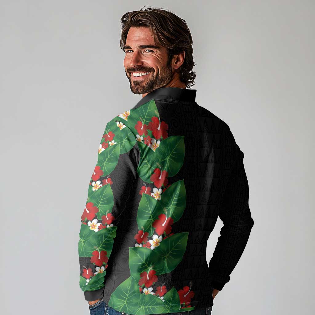 Hawaiian Taro Leaves-Hibiscus and Plumeria Long Sleeve Polo Shirt Polynesian Art-Kakau Tattoo Black LT03 - Polynesian Pride