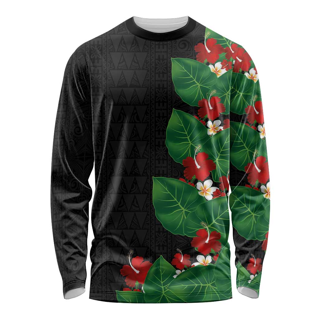 Hawaiian Taro Leaves-Hibiscus and Plumeria Long Sleeve Shirt Polynesian Art-Kakau Tattoo Black LT03 Unisex Black - Polynesian Pride