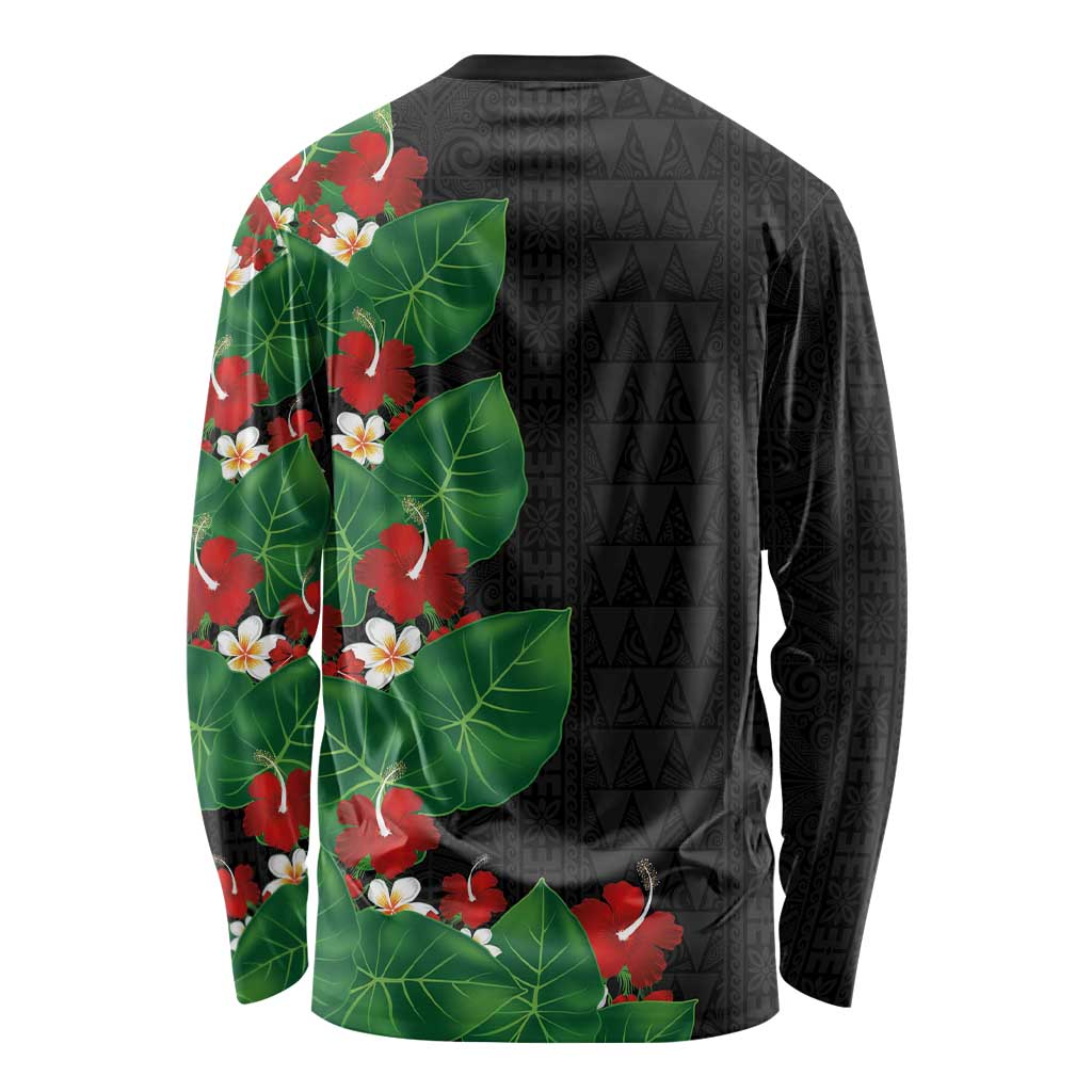 Hawaiian Taro Leaves-Hibiscus and Plumeria Long Sleeve Shirt Polynesian Art-Kakau Tattoo Black LT03 - Polynesian Pride