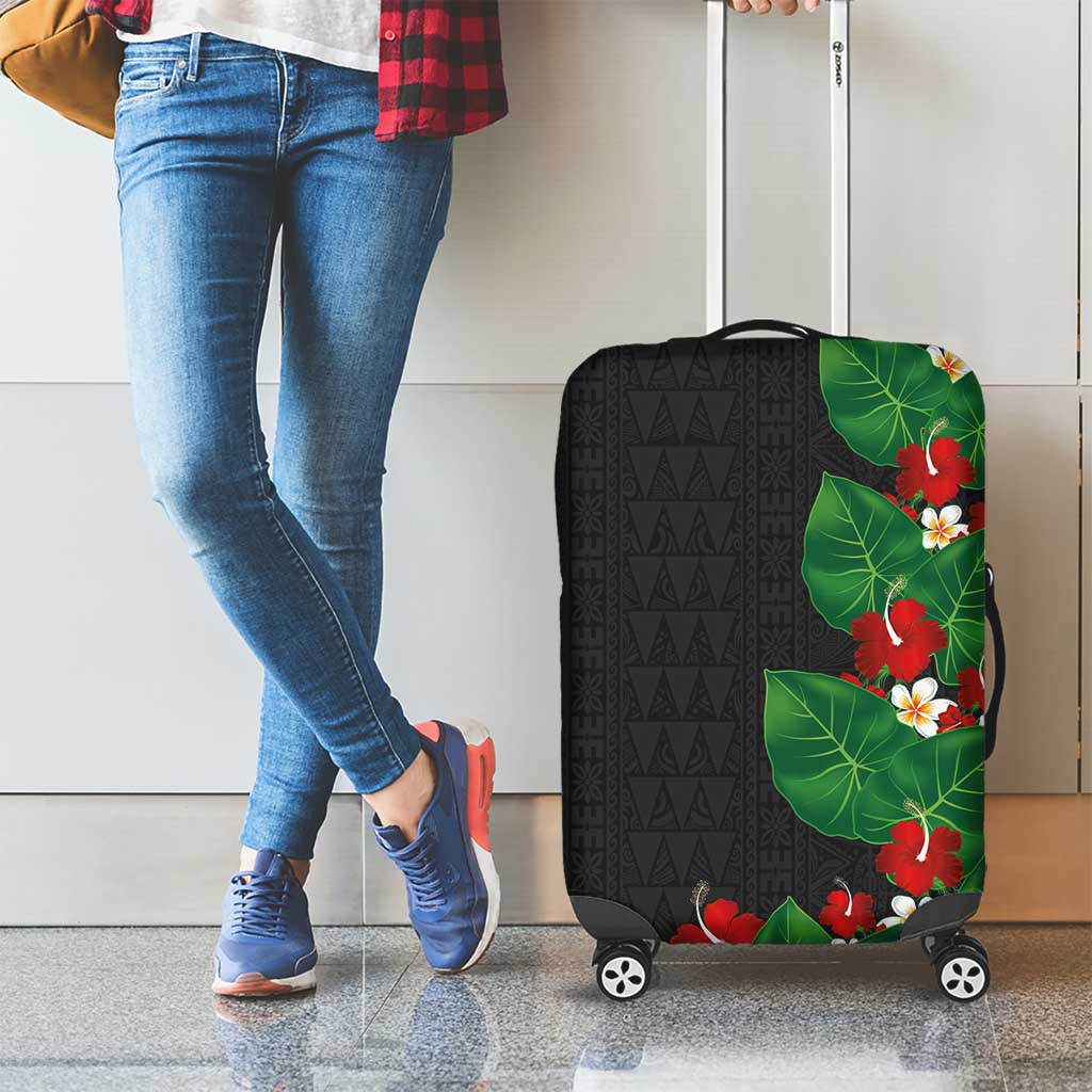Hawaiian Taro Leaves-Hibiscus and Plumeria Luggage Cover Polynesian Art-Kakau Tattoo Black LT03 - Polynesian Pride