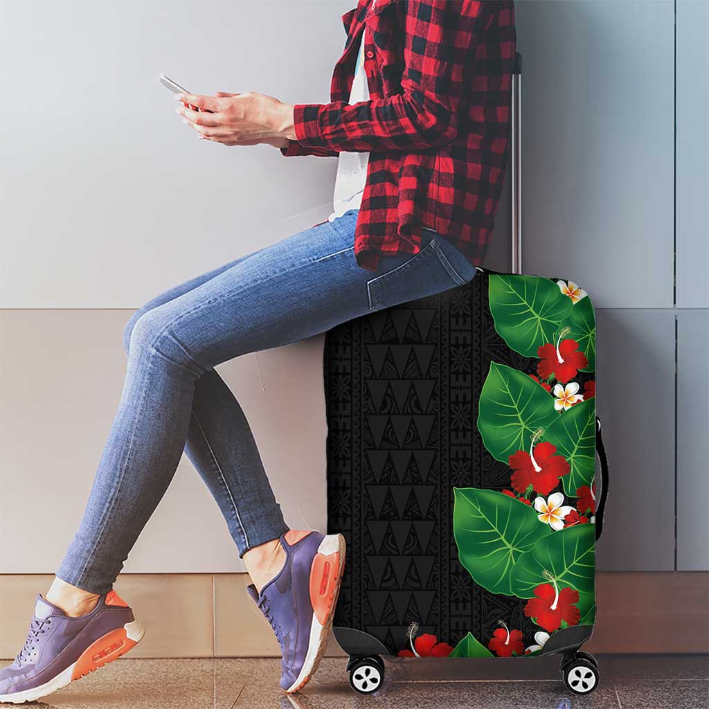 Hawaiian Taro Leaves-Hibiscus and Plumeria Luggage Cover Polynesian Art-Kakau Tattoo Black LT03 - Polynesian Pride