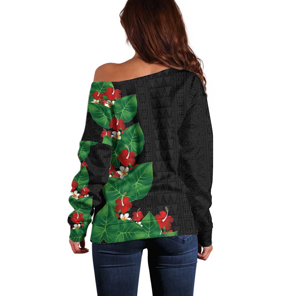 Hawaiian Taro Leaves-Hibiscus and Plumeria Off Shoulder Sweater Polynesian Art-Kakau Tattoo Black LT03 - Polynesian Pride
