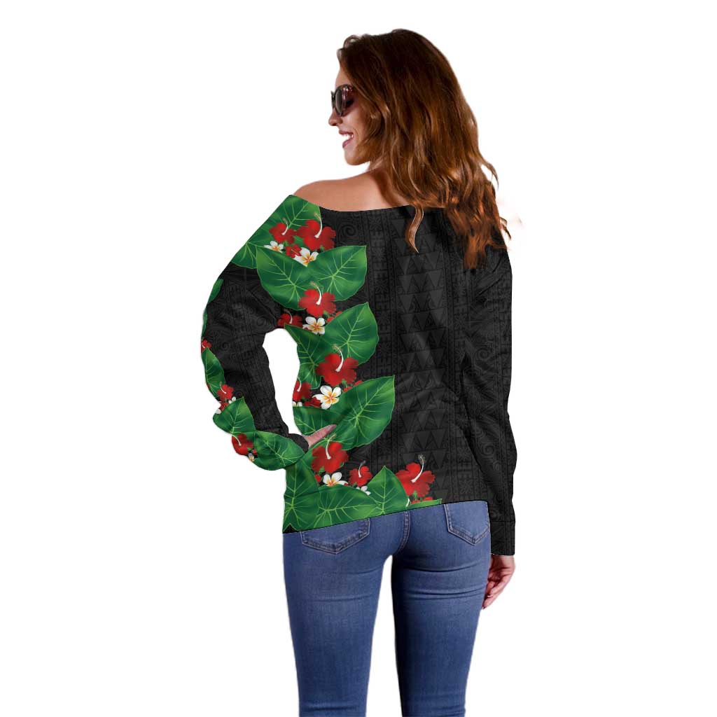 Hawaiian Taro Leaves-Hibiscus and Plumeria Off Shoulder Sweater Polynesian Art-Kakau Tattoo Black LT03 - Polynesian Pride