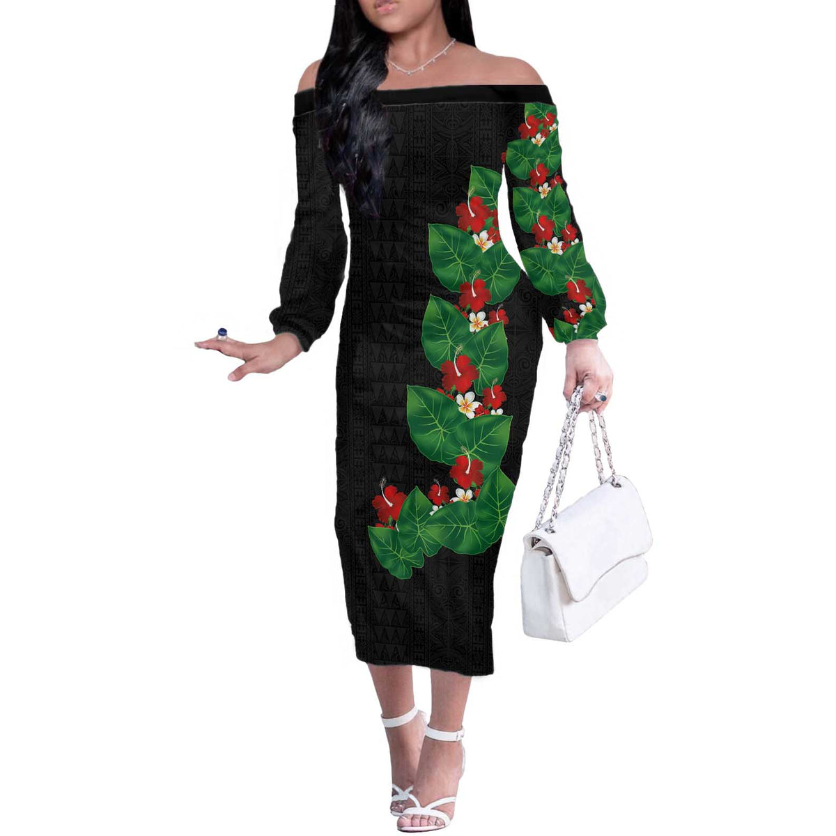 Hawaiian Taro Leaves-Hibiscus and Plumeria Off The Shoulder Long Sleeve Dress Polynesian Art-Kakau Tattoo Black LT03 Women Black - Polynesian Pride