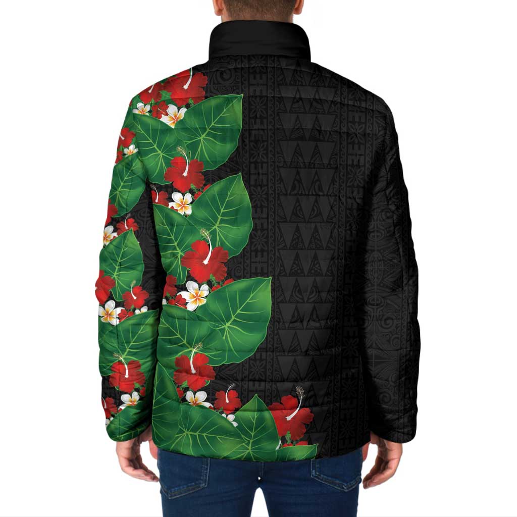 Hawaiian Taro Leaves-Hibiscus and Plumeria Padded Jacket Polynesian Art-Kakau Tattoo Black LT03 - Polynesian Pride