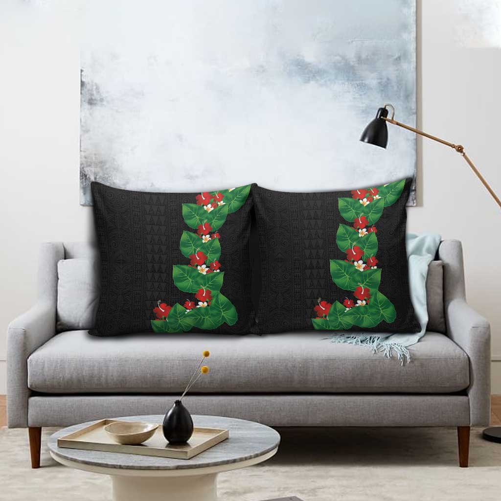 Hawaiian Taro Leaves-Hibiscus and Plumeria Pillow Cover Polynesian Art-Kakau Tattoo Black LT03 - Polynesian Pride