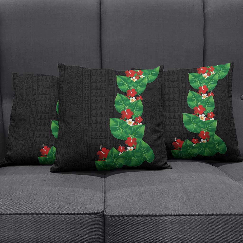 Hawaiian Taro Leaves-Hibiscus and Plumeria Pillow Cover Polynesian Art-Kakau Tattoo Black LT03 - Polynesian Pride