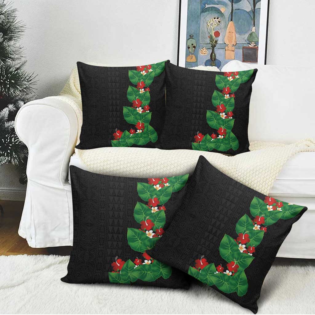 Hawaiian Taro Leaves-Hibiscus and Plumeria Pillow Cover Polynesian Art-Kakau Tattoo Black LT03 - Polynesian Pride