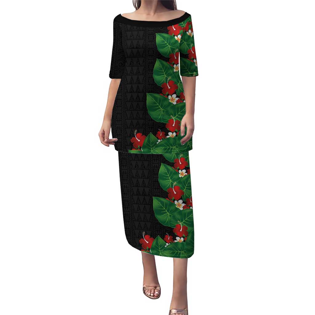 Hawaiian Taro Leaves-Hibiscus and Plumeria Puletasi Polynesian Art-Kakau Tattoo Black LT03 Long Dress Black - Polynesian Pride