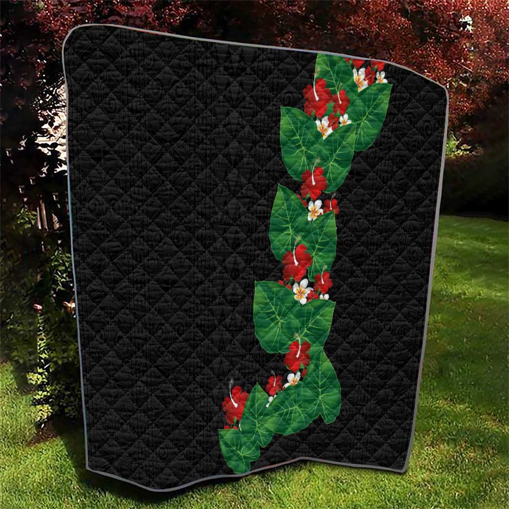 Hawaiian Taro Leaves-Hibiscus and Plumeria Quilt Polynesian Art-Kakau Tattoo Black LT03 - Polynesian Pride
