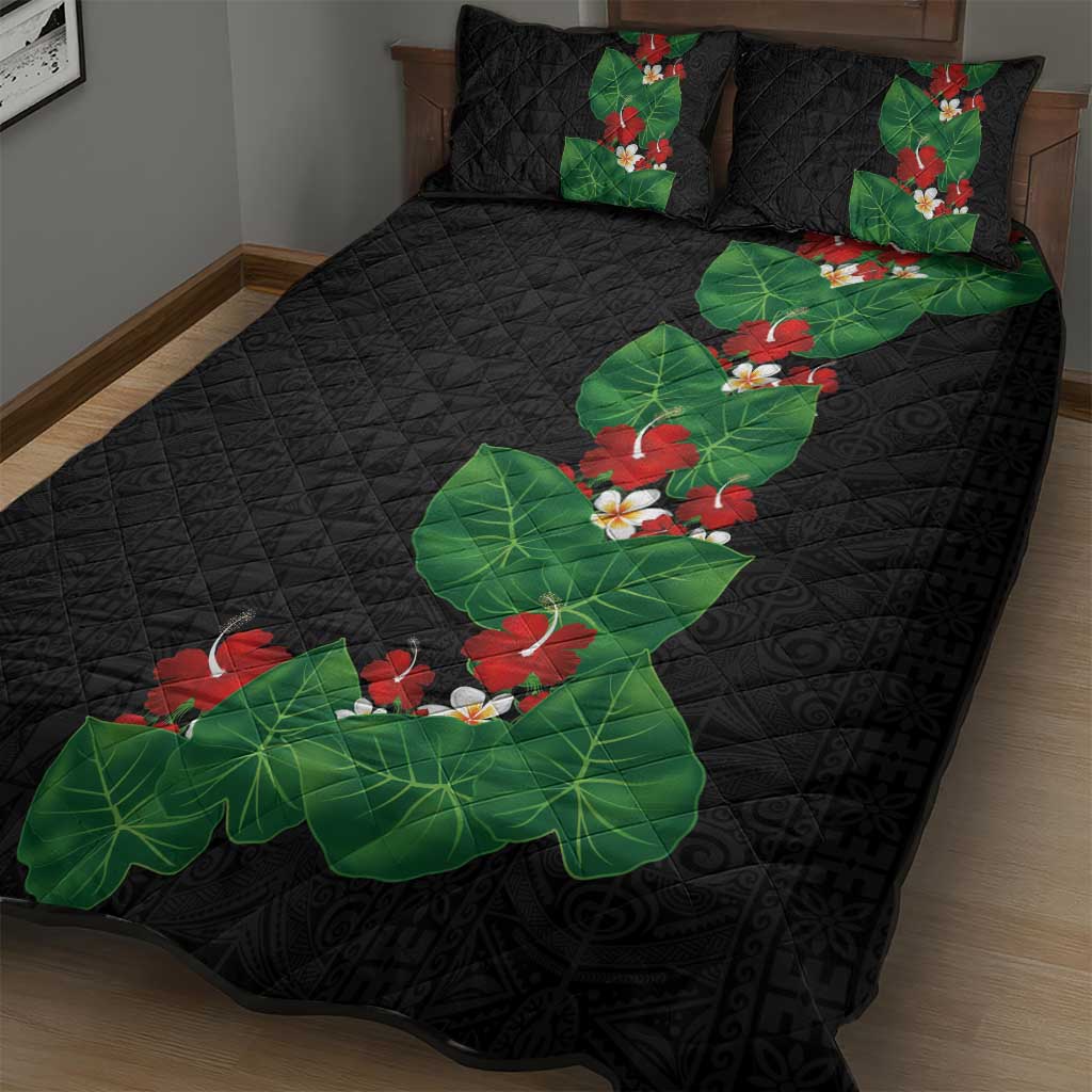 Hawaiian Taro Leaves-Hibiscus and Plumeria Quilt Bed Set Polynesian Art-Kakau Tattoo Black LT03 - Polynesian Pride