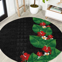 Hawaiian Taro Leaves-Hibiscus and Plumeria Round Carpet Polynesian Art-Kakau Tattoo Black LT03 Black - Polynesian Pride