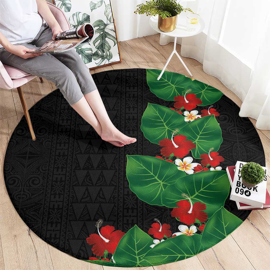 Hawaiian Taro Leaves-Hibiscus and Plumeria Round Carpet Polynesian Art-Kakau Tattoo Black LT03 - Polynesian Pride