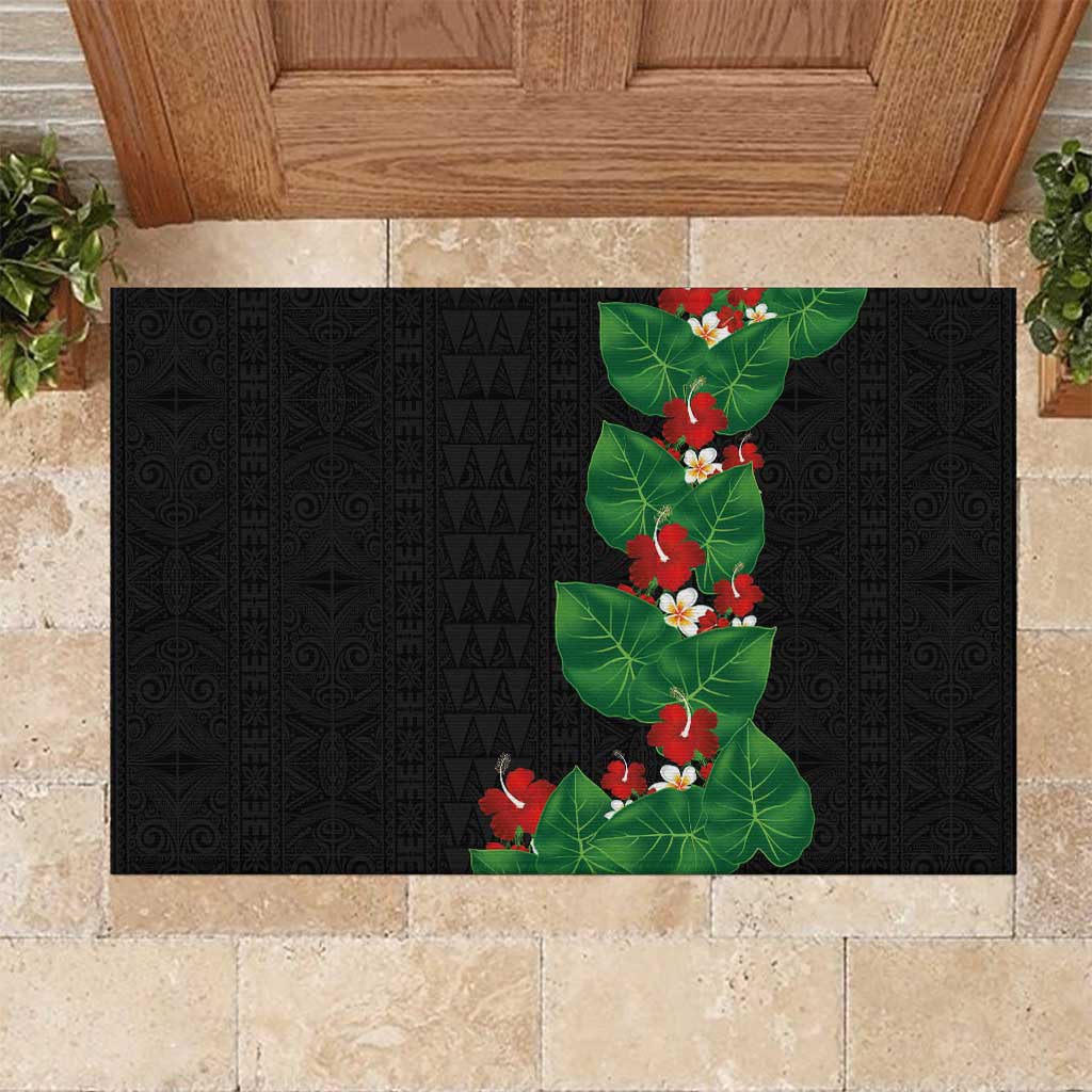 Hawaiian Taro Leaves-Hibiscus and Plumeria Rubber Doormat Polynesian Art-Kakau Tattoo Black LT03 Black - Polynesian Pride