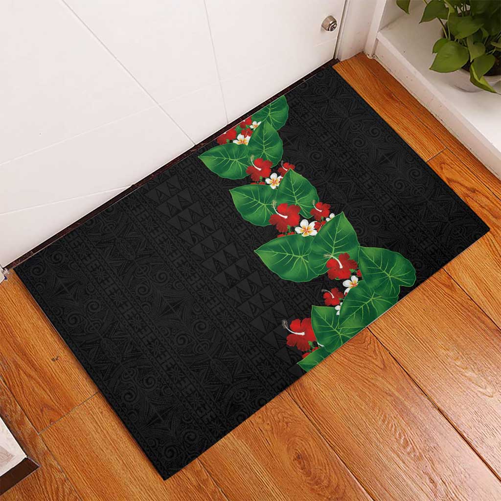 Hawaiian Taro Leaves-Hibiscus and Plumeria Rubber Doormat Polynesian Art-Kakau Tattoo Black LT03 - Polynesian Pride