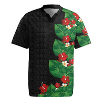 Hawaiian Taro Leaves-Hibiscus and Plumeria Rugby Jersey Polynesian Art-Kakau Tattoo Black LT03 Black - Polynesian Pride