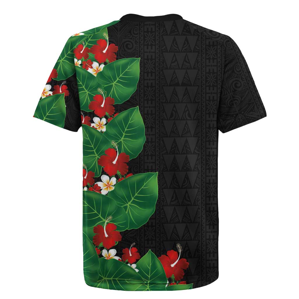 Hawaiian Taro Leaves-Hibiscus and Plumeria Rugby Jersey Polynesian Art-Kakau Tattoo Black LT03 - Polynesian Pride