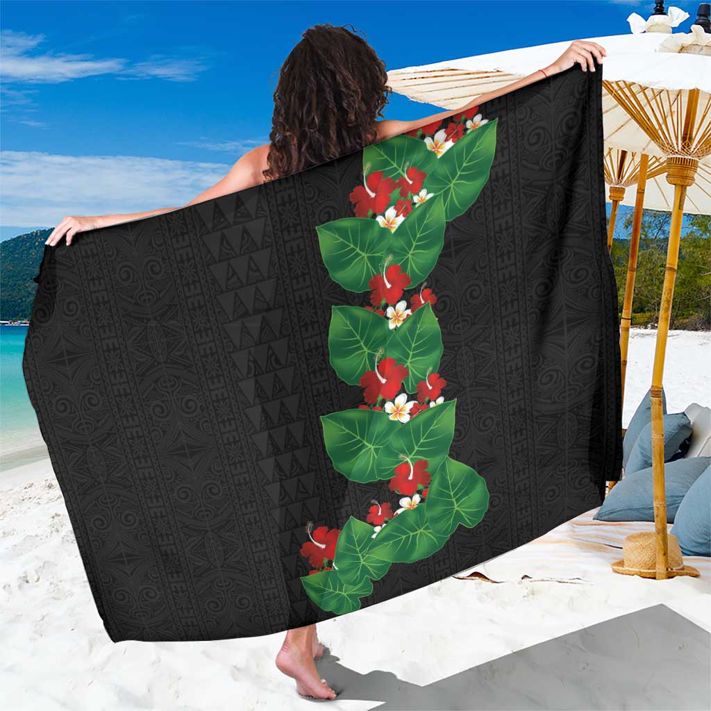 Hawaiian Taro Leaves-Hibiscus and Plumeria Sarong Polynesian Art-Kakau Tattoo Black LT03 One Size 44 x 66 inches Black - Polynesian Pride