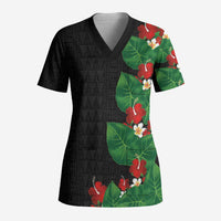 Hawaiian Taro Leaves-Hibiscus and Plumeria Scrub Top Polynesian Art-Kakau Tattoo Black LT03 Adult Black - Polynesian Pride