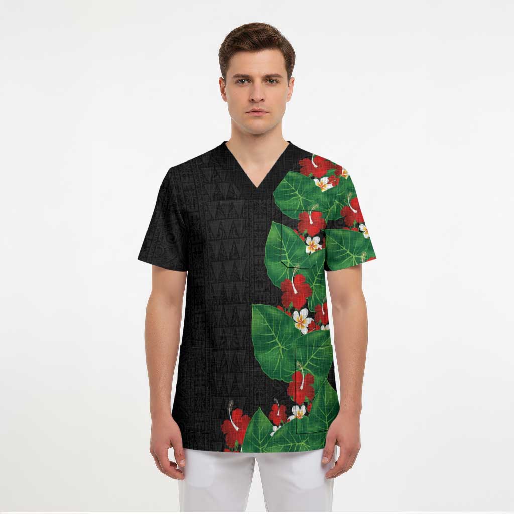 Hawaiian Taro Leaves-Hibiscus and Plumeria Scrub Top Polynesian Art-Kakau Tattoo Black LT03 - Polynesian Pride