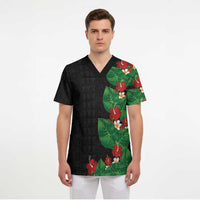Hawaiian Taro Leaves-Hibiscus and Plumeria Scrub Top Polynesian Art-Kakau Tattoo Black LT03 - Polynesian Pride