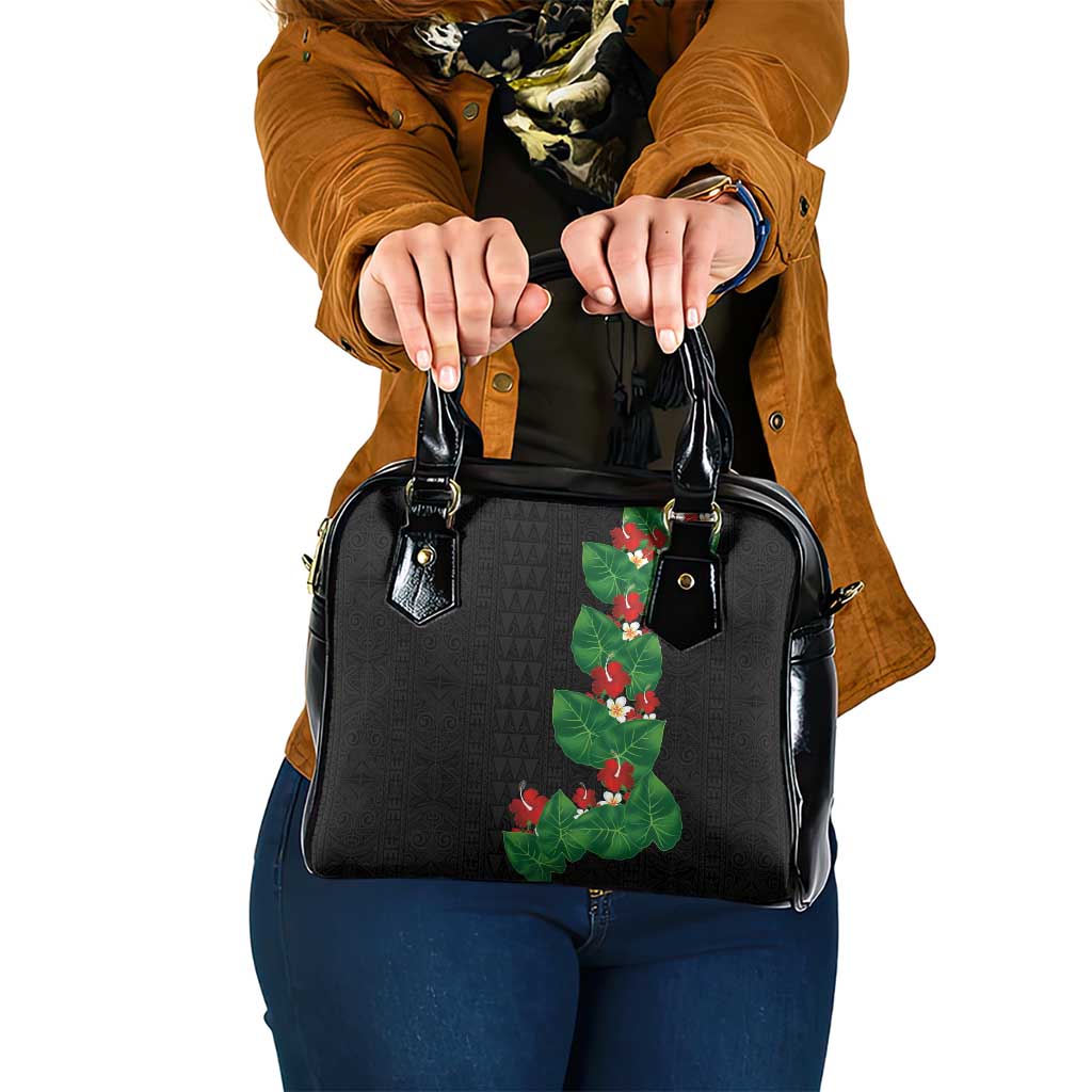 Hawaiian Taro Leaves-Hibiscus and Plumeria Shoulder Handbag Polynesian Art-Kakau Tattoo Black LT03 One Size Black - Polynesian Pride