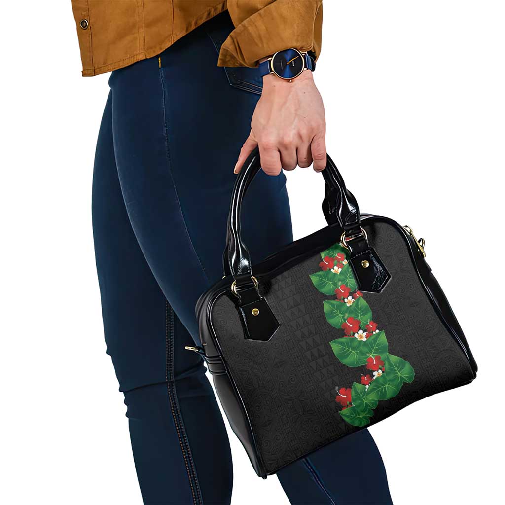Hawaiian Taro Leaves-Hibiscus and Plumeria Shoulder Handbag Polynesian Art-Kakau Tattoo Black LT03 - Polynesian Pride