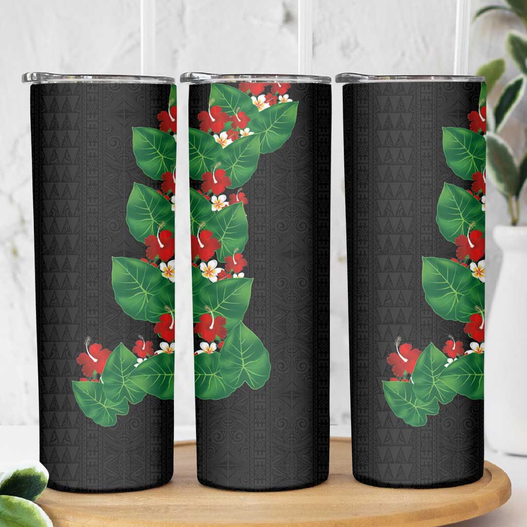 Hawaiian Taro Leaves-Hibiscus and Plumeria Skinny Tumbler Polynesian Art-Kakau Tattoo Black LT03 - Polynesian Pride