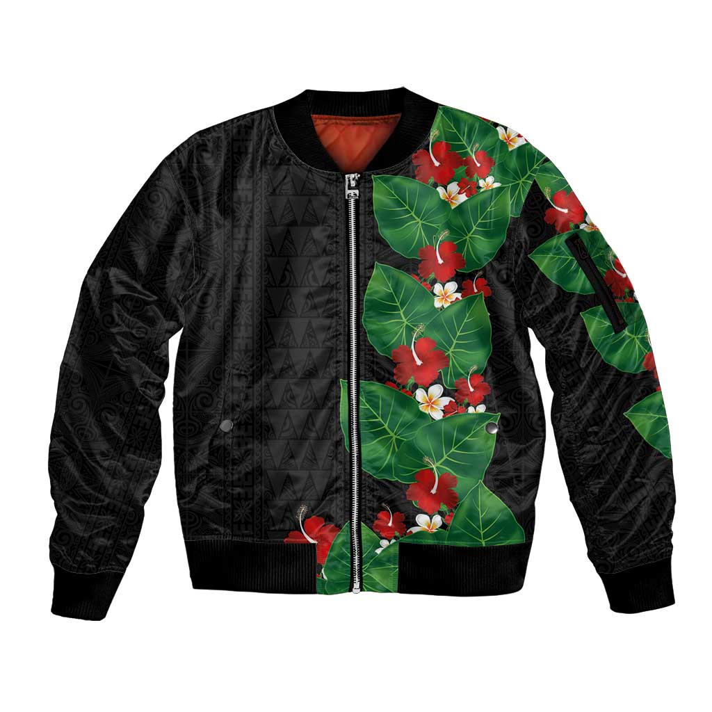 Hawaiian Taro Leaves-Hibiscus and Plumeria Sleeve Zip Bomber Jacket Polynesian Art-Kakau Tattoo Black LT03 Unisex Black - Polynesian Pride