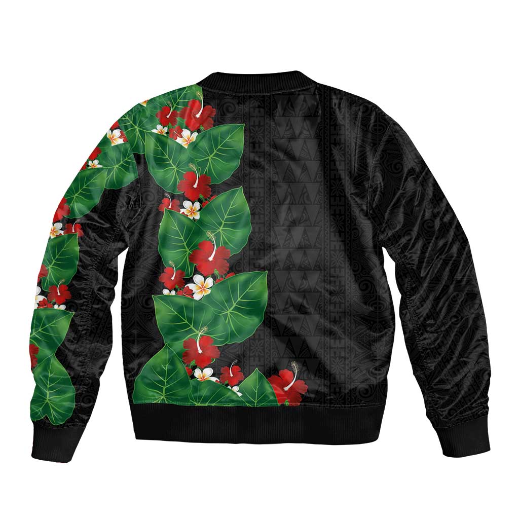 Hawaiian Taro Leaves-Hibiscus and Plumeria Sleeve Zip Bomber Jacket Polynesian Art-Kakau Tattoo Black LT03 - Polynesian Pride