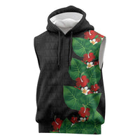 Hawaiian Taro Leaves-Hibiscus and Plumeria Sleeveless Hoodie Polynesian Art-Kakau Tattoo Black LT03 Black - Polynesian Pride