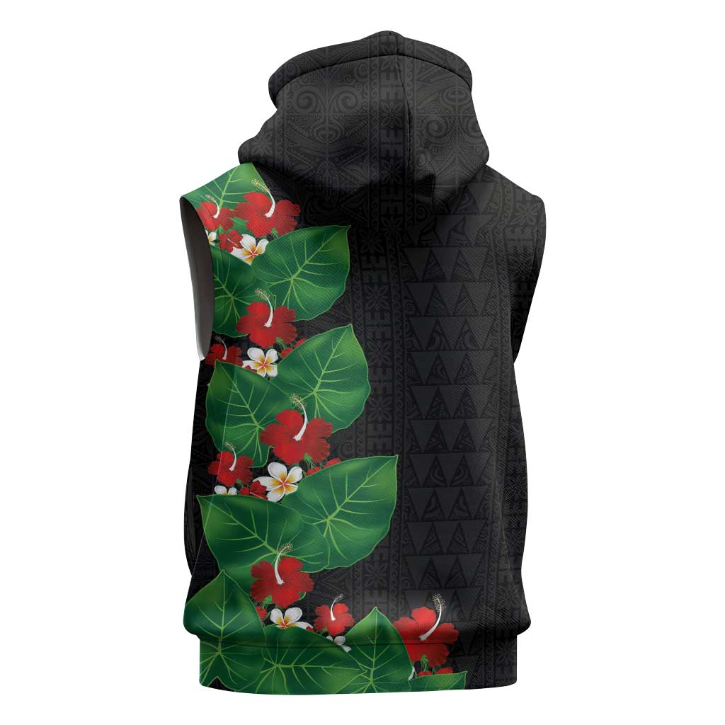 Hawaiian Taro Leaves-Hibiscus and Plumeria Sleeveless Hoodie Polynesian Art-Kakau Tattoo Black LT03 - Polynesian Pride