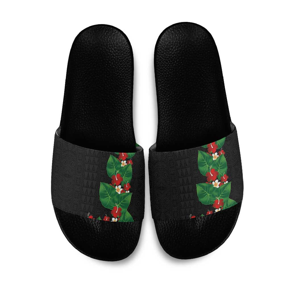 Hawaiian Taro Leaves-Hibiscus and Plumeria Slide Sandals Polynesian Art-Kakau Tattoo Black LT03 Black - Polynesian Pride