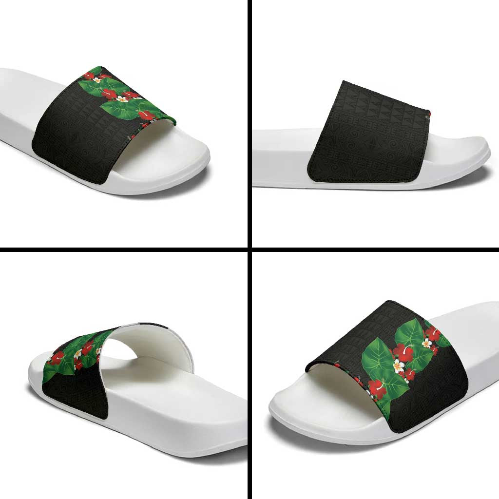 Hawaiian Taro Leaves-Hibiscus and Plumeria Slide Sandals Polynesian Art-Kakau Tattoo Black LT03 - Polynesian Pride