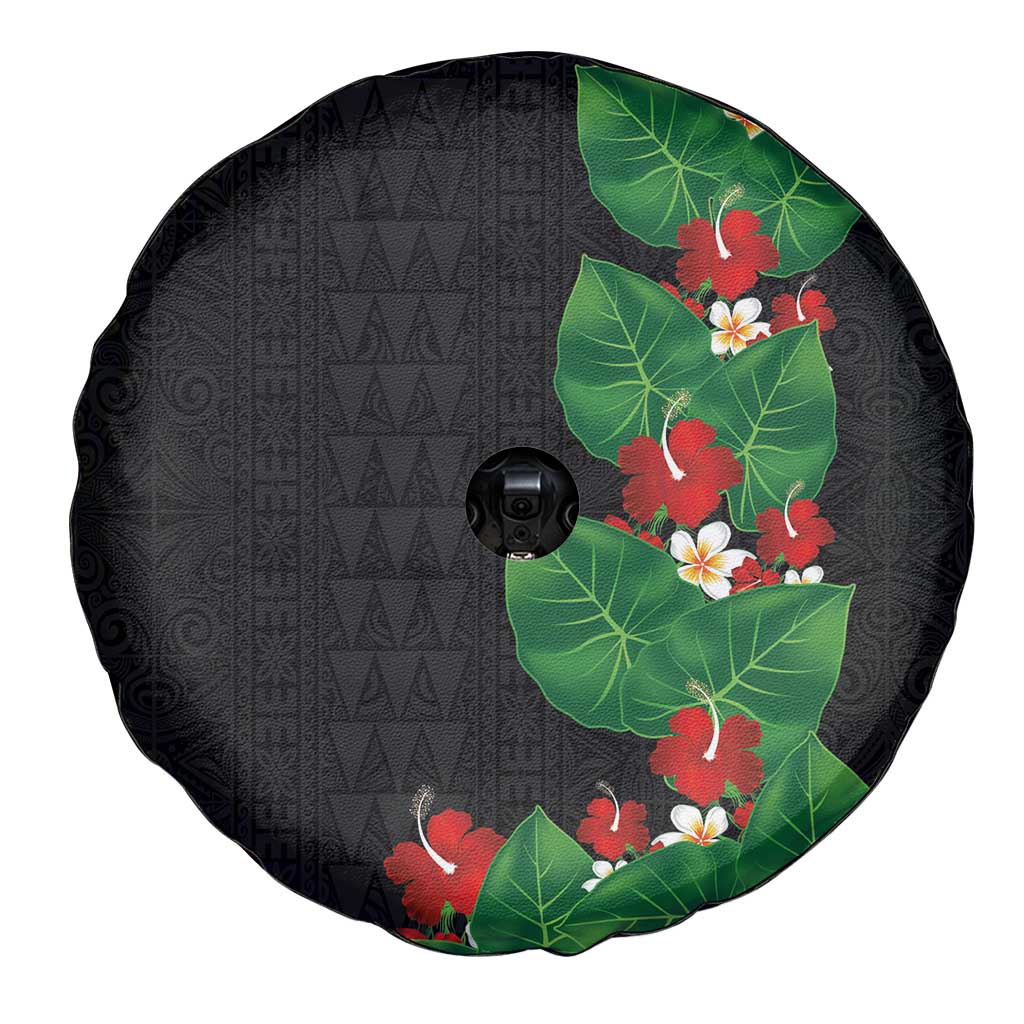 Hawaiian Taro Leaves-Hibiscus and Plumeria Spare Tire Cover Polynesian Art-Kakau Tattoo Black LT03 - Polynesian Pride