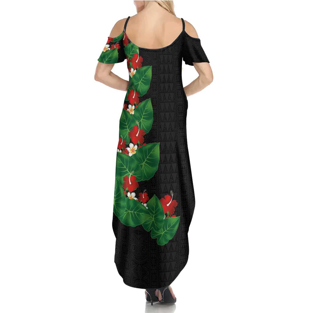 Hawaiian Taro Leaves-Hibiscus and Plumeria Summer Maxi Dress Polynesian Art-Kakau Tattoo Black LT03 - Polynesian Pride