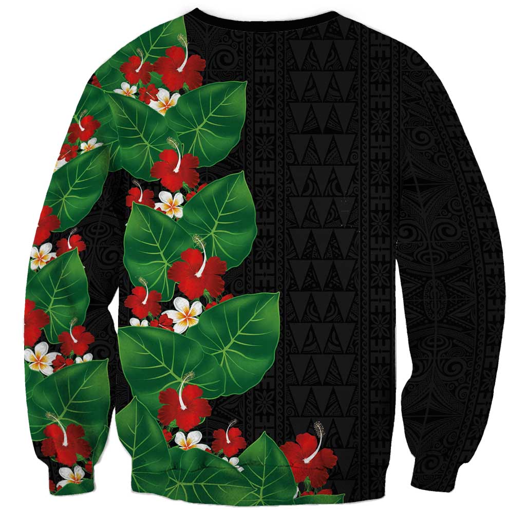 Hawaiian Taro Leaves-Hibiscus and Plumeria Sweatshirt Polynesian Art-Kakau Tattoo Black LT03 - Polynesian Pride