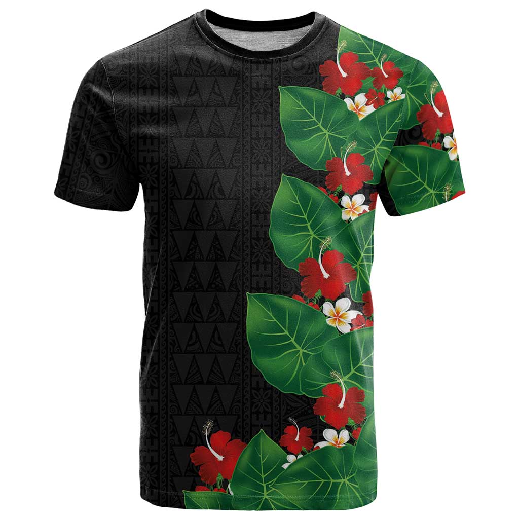 Hawaiian Taro Leaves-Hibiscus and Plumeria T Shirt Polynesian Art-Kakau Tattoo Black LT03 Black - Polynesian Pride
