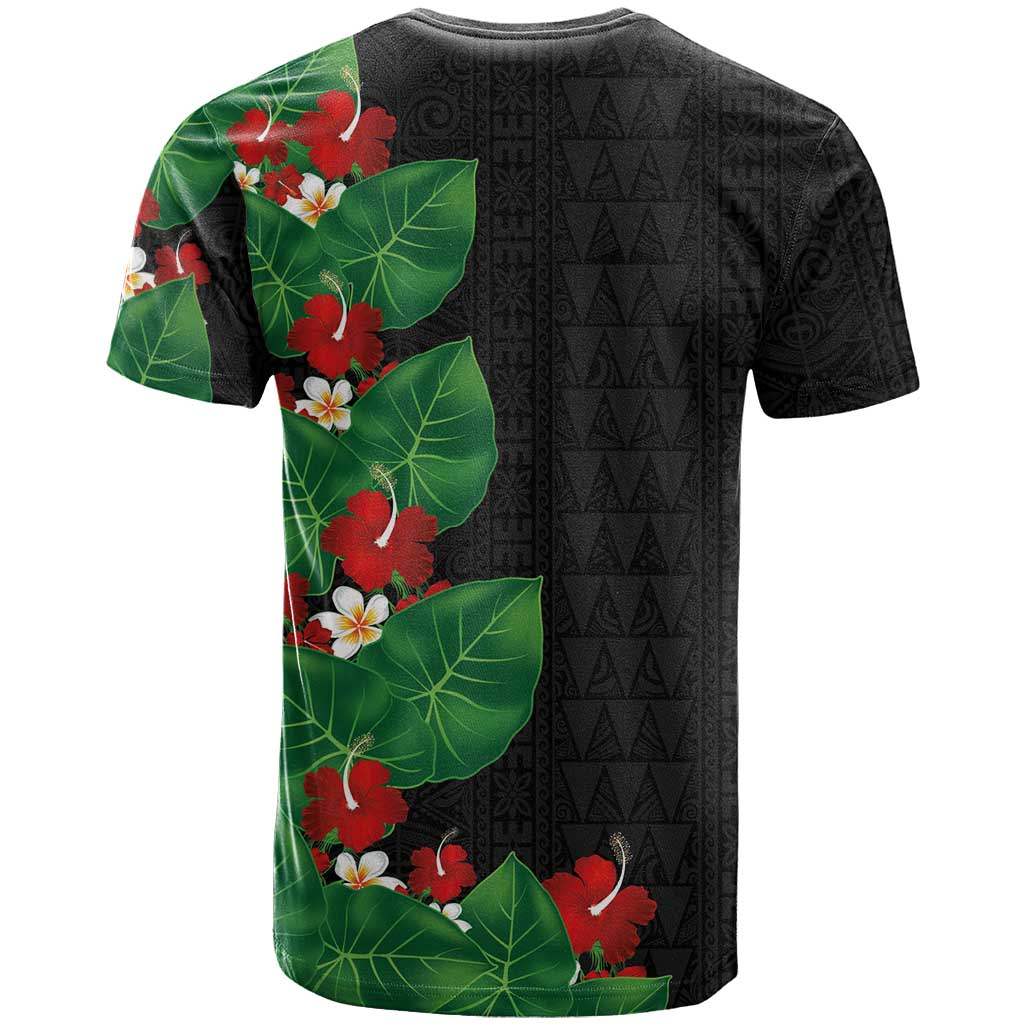 Hawaiian Taro Leaves-Hibiscus and Plumeria T Shirt Polynesian Art-Kakau Tattoo Black LT03 - Polynesian Pride