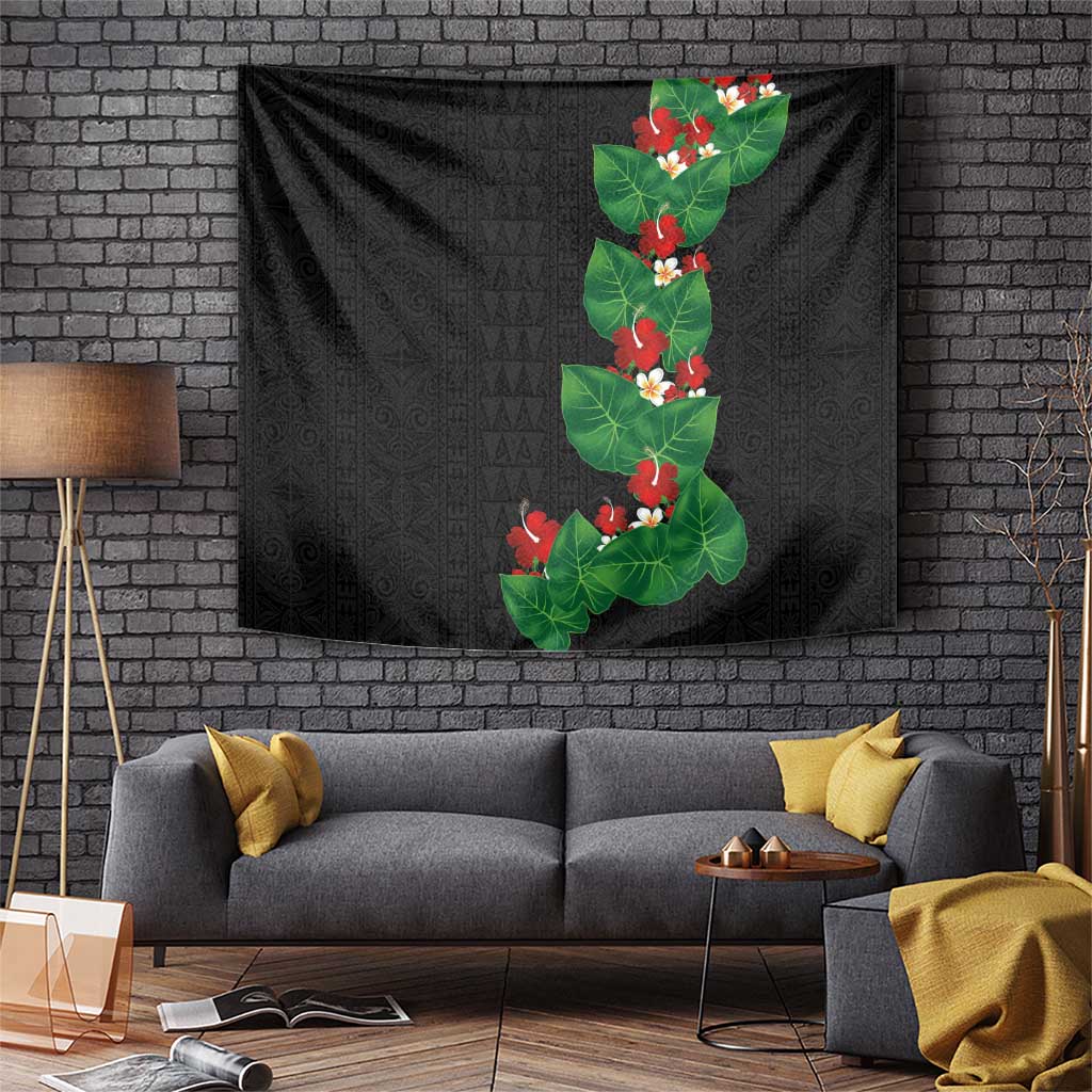 Hawaiian Taro Leaves-Hibiscus and Plumeria Tapestry Polynesian Art-Kakau Tattoo Black LT03 Black - Polynesian Pride
