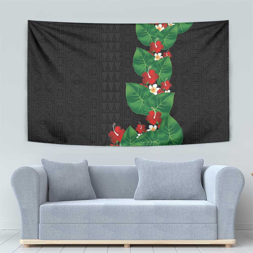 Hawaiian Taro Leaves-Hibiscus and Plumeria Tapestry Polynesian Art-Kakau Tattoo Black LT03 - Polynesian Pride