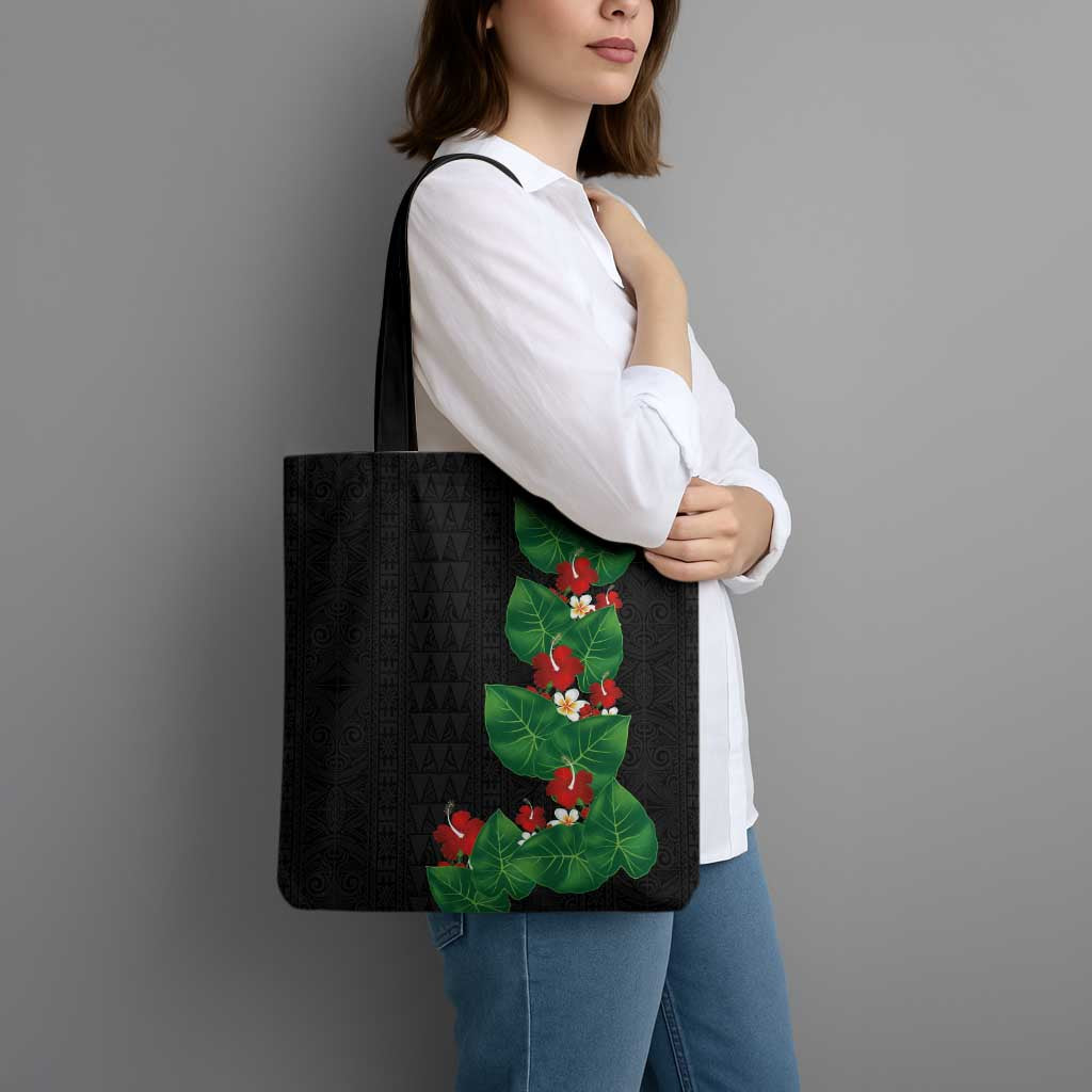 Hawaiian Taro Leaves-Hibiscus and Plumeria Tote Bag Polynesian Art-Kakau Tattoo Black LT03 - Polynesian Pride