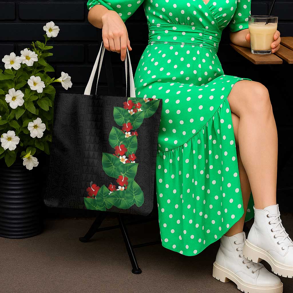 Hawaiian Taro Leaves-Hibiscus and Plumeria Tote Bag Polynesian Art-Kakau Tattoo Black LT03 - Polynesian Pride