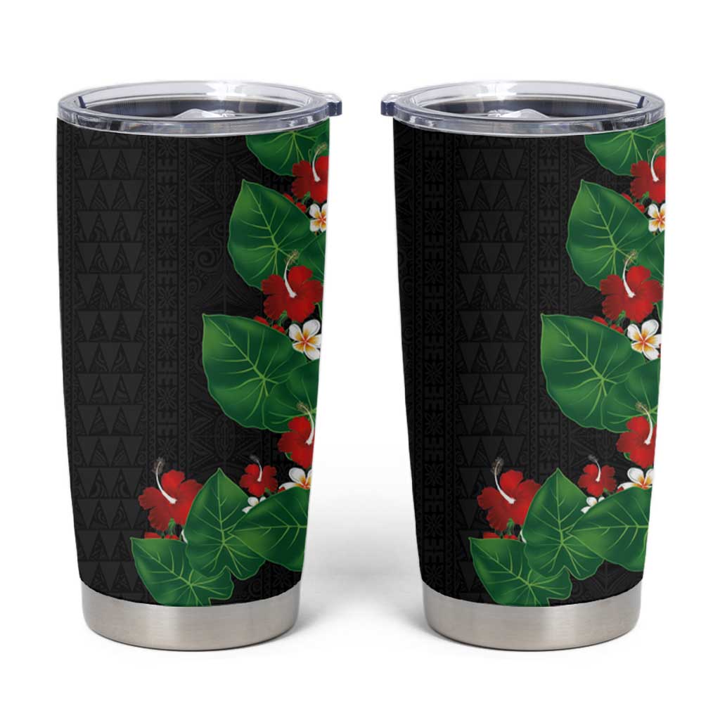 Hawaiian Taro Leaves-Hibiscus and Plumeria Tumbler Cup Polynesian Art-Kakau Tattoo Black LT03 Black - Polynesian Pride